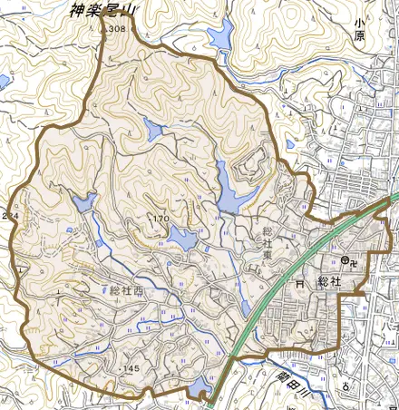 総社とその周辺の地図。町の範囲を重ねている