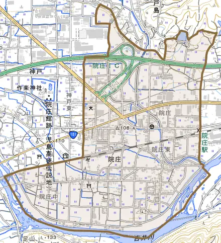 院庄とその周辺の地図。町の範囲を重ねている