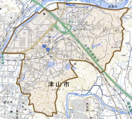 河辺とその周辺の地図。町の範囲を重ねている