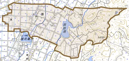 原とその周辺の地図。町の範囲を重ねている