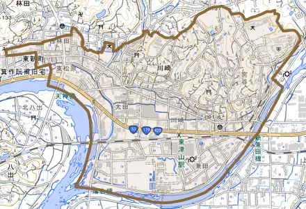 川崎とその周辺の地図。町の範囲を重ねている