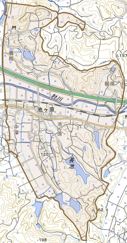 池ケ原とその周辺の地図。町の範囲を重ねている