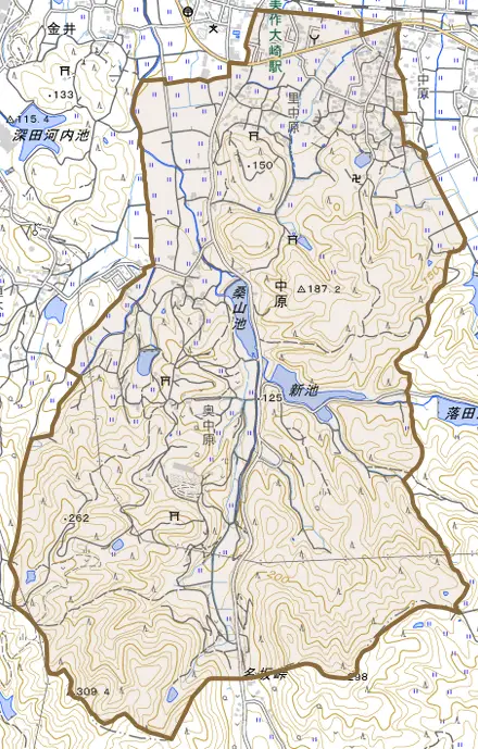 中原とその周辺の地図。町の範囲を重ねている