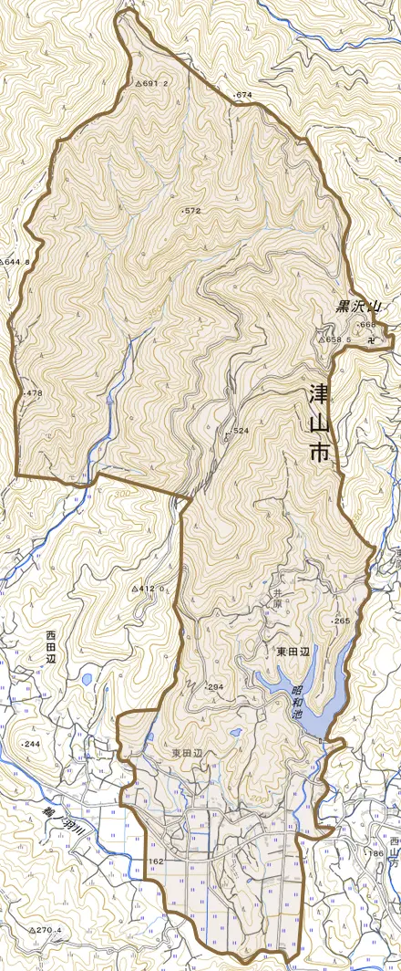 東田辺とその周辺の地図。町の範囲を重ねている