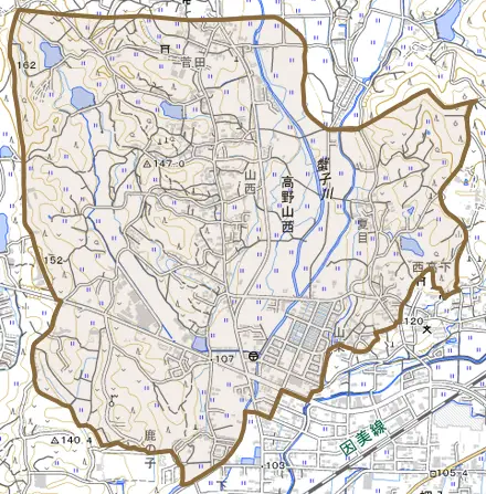 高野山西とその周辺の地図。町の範囲を重ねている