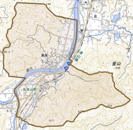 高尾とその周辺の地図。町の範囲を重ねている