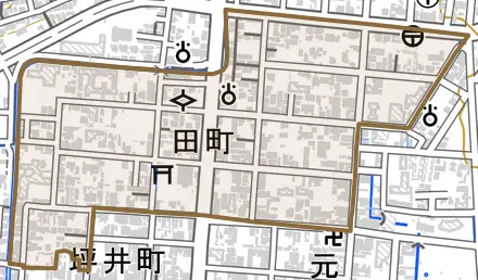 田町とその周辺の地図。町の範囲を重ねている