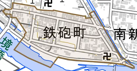 鉄砲町とその周辺の地図。町の範囲を重ねている