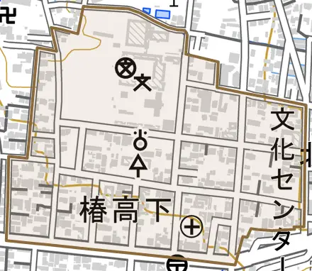 椿高下とその周辺の地図。町の範囲を重ねている