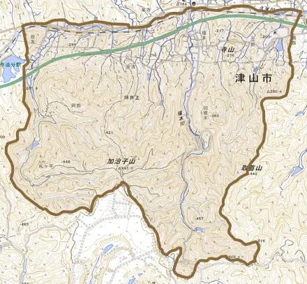 坪井上とその周辺の地図。町の範囲を重ねている