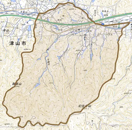 坪井下とその周辺の地図。町の範囲を重ねている