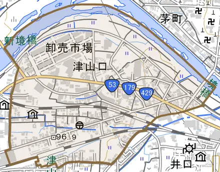 津山口とその周辺の地図。町の範囲を重ねている