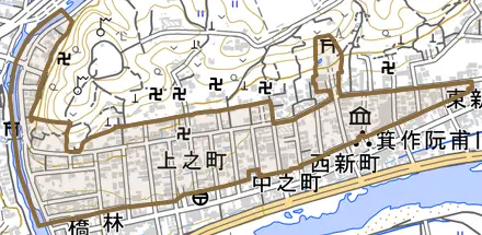 上之町とその周辺の地図。町の範囲を重ねている