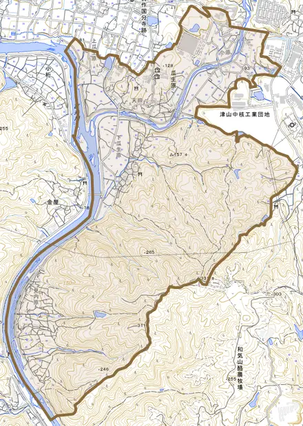 瓜生原とその周辺の地図。町の範囲を重ねている