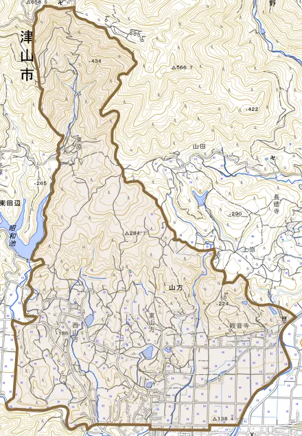 山方とその周辺の地図。町の範囲を重ねている