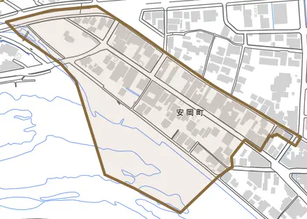 安岡町とその周辺の地図。町の範囲を重ねている