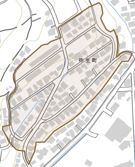 弥生町とその周辺の地図。町の範囲を重ねている