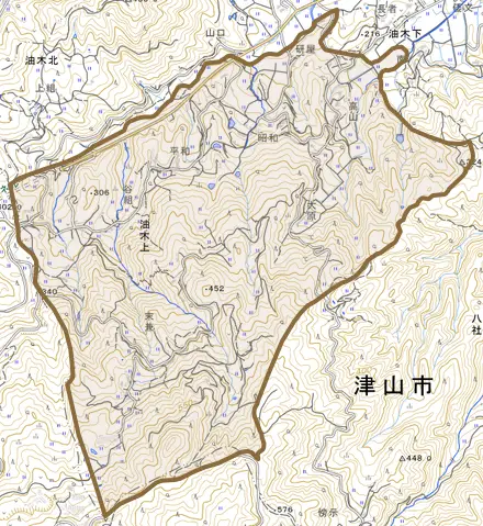 油木上とその周辺の地図。町の範囲を重ねている