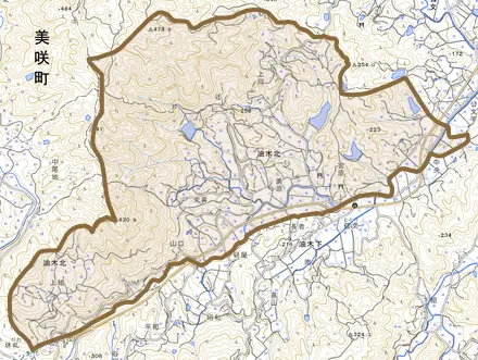 油木北とその周辺の地図。町の範囲を重ねている