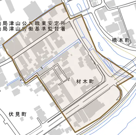 材木町とその周辺の地図。町の範囲を重ねている