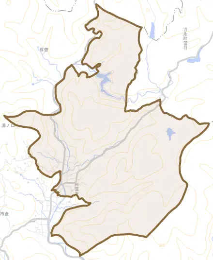 日笠上とその周辺の地図。町の範囲を重ねている