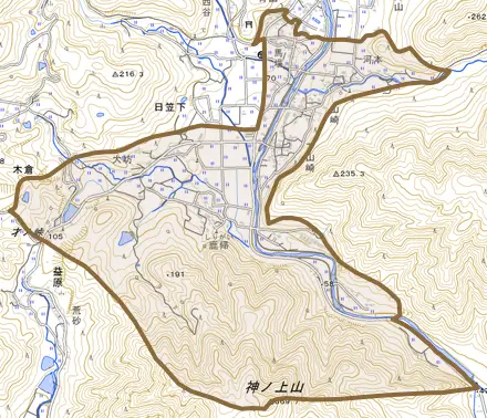 日笠下とその周辺の地図。町の範囲を重ねている