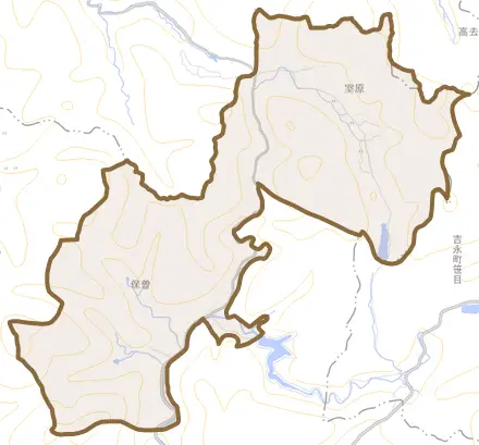 保曽とその周辺の地図。町の範囲を重ねている