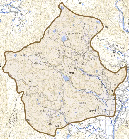 木倉とその周辺の地図。町の範囲を重ねている