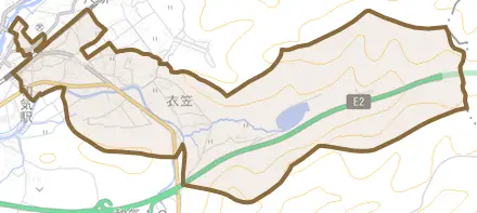 衣笠とその周辺の地図。町の範囲を重ねている