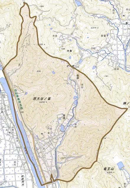 益原とその周辺の地図。町の範囲を重ねている