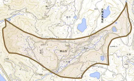 南山方とその周辺の地図。町の範囲を重ねている