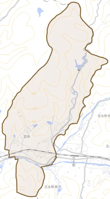 吉田とその周辺の地図。町の範囲を重ねている