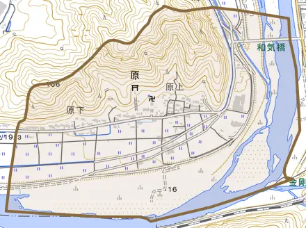 原とその周辺の地図。町の範囲を重ねている