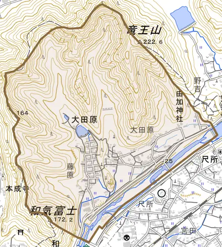 大田原とその周辺の地図。町の範囲を重ねている