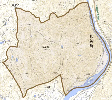 津瀬とその周辺の地図。町の範囲を重ねている