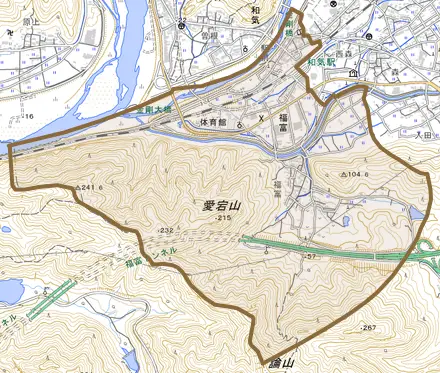 福富とその周辺の地図。町の範囲を重ねている