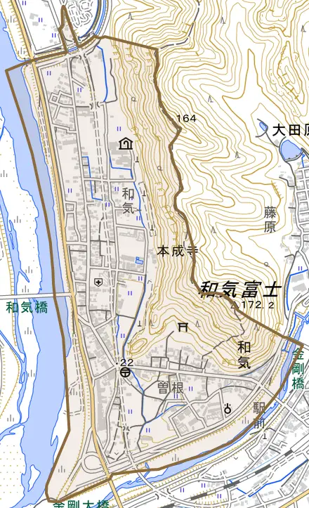 和気とその周辺の地図。町の範囲を重ねている
