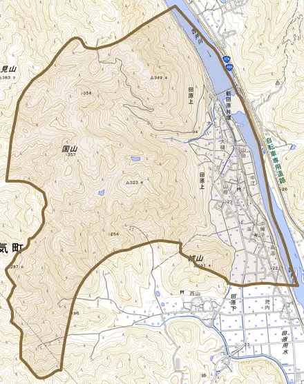田原上とその周辺の地図。町の範囲を重ねている
