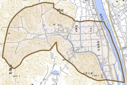 田原下とその周辺の地図。町の範囲を重ねている