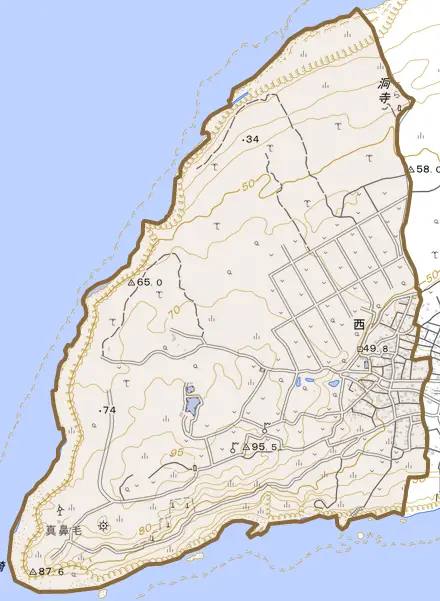 字西とその周辺の地図。町の範囲を重ねている