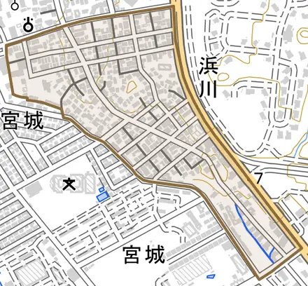 字浜川とその周辺の地図。町の範囲を重ねている