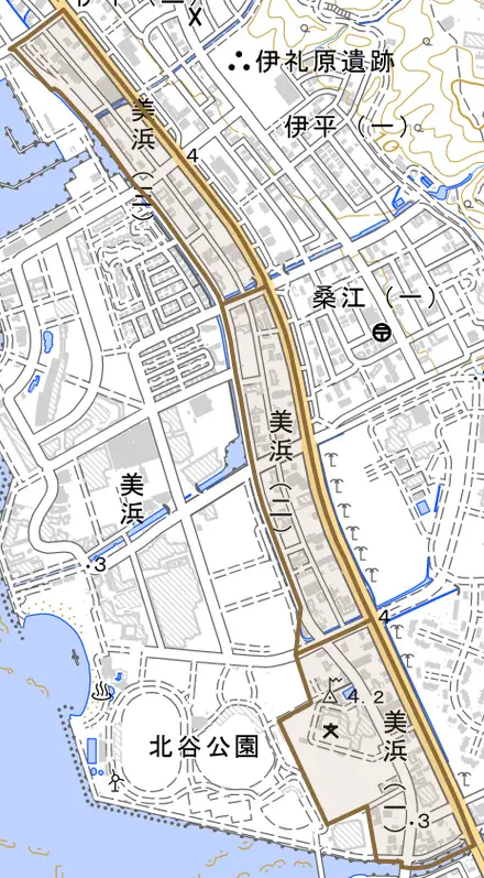 美浜とその周辺の地図。町の範囲を重ねている