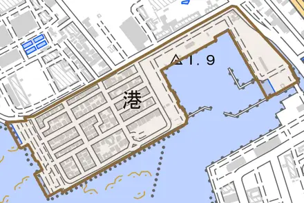 字港とその周辺の地図。町の範囲を重ねている