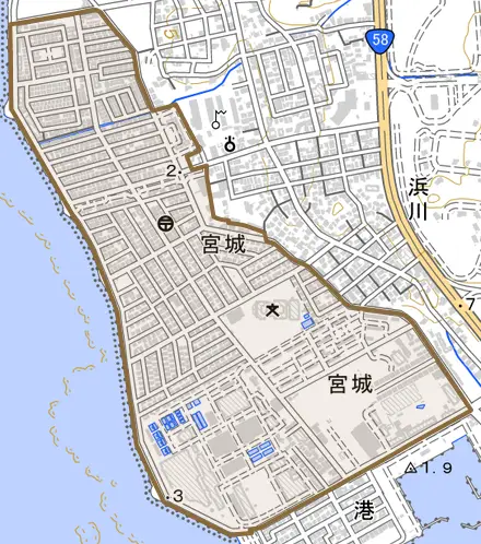字宮城とその周辺の地図。町の範囲を重ねている