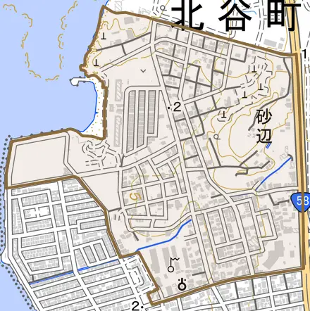 字砂辺とその周辺の地図。町の範囲を重ねている