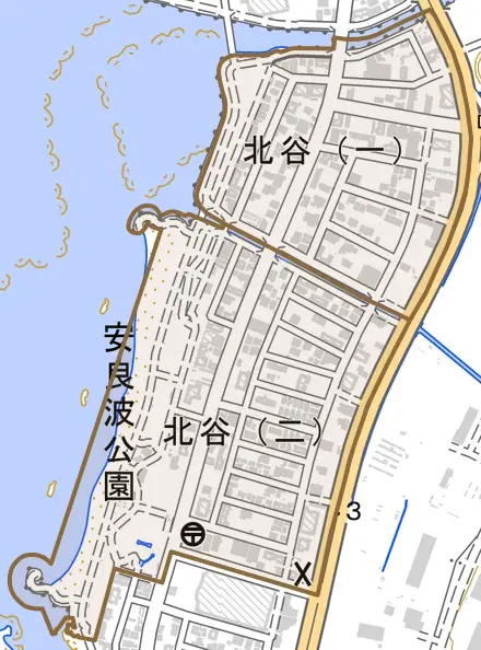 北谷とその周辺の地図。町の範囲を重ねている