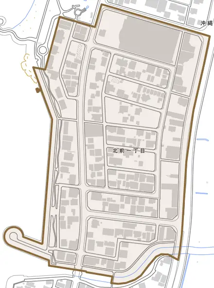 北前とその周辺の地図。町の範囲を重ねている