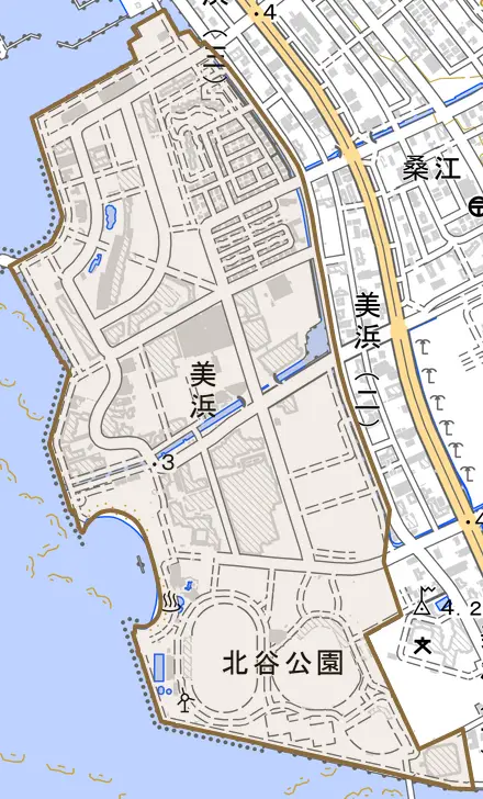 字美浜とその周辺の地図。町の範囲を重ねている