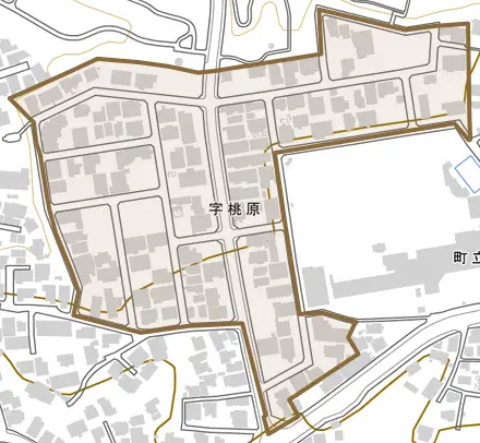 字桃原とその周辺の地図。町の範囲を重ねている