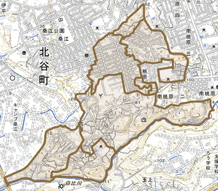 字吉原とその周辺の地図。町の範囲を重ねている